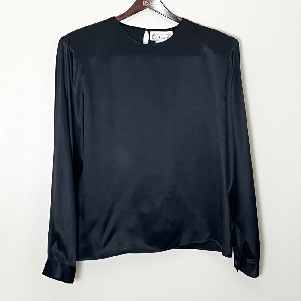 Vintage Silk Land Womens 100% Pure Silk Blouse Medium Black Top 1980s Padded